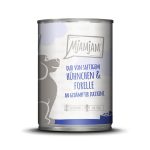 Lata de comida húmeda para perros de jugoso pollo con trucha en cama de calabacín al vapor de 400gr de la marca Mjamjam