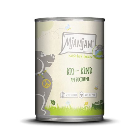 Lata de comida húmeda para perros de ternera bio con calabacín de tamaño 400gr y de la marca Mjamjam