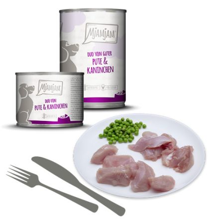 Latas de comida húmeda para perros de pavo con conejo y guisantes, con plato presentación de Mjamjam