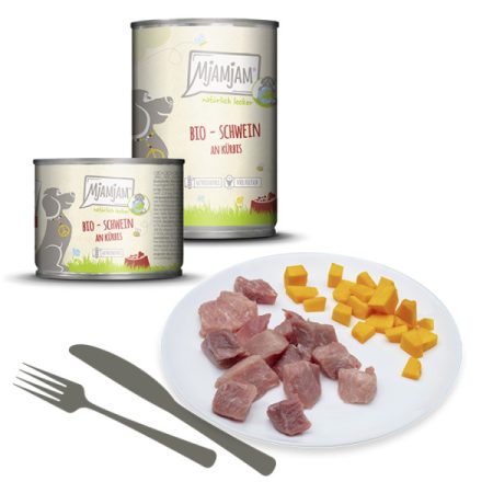 Latas de comida húmeda para perros de cerdo bio con calabaza de la marca Mjamjam