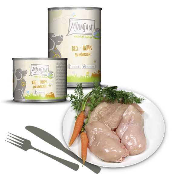 Latas de comida húmeda para perros de pollo con zanahoria, son bio y muestran el plato con pechugas de pollo, marca Mjamjam