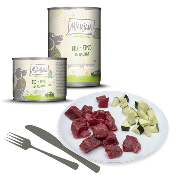 Latas de comida húmeda para perros de ternera bio con calabacín de la marca Mjamjam